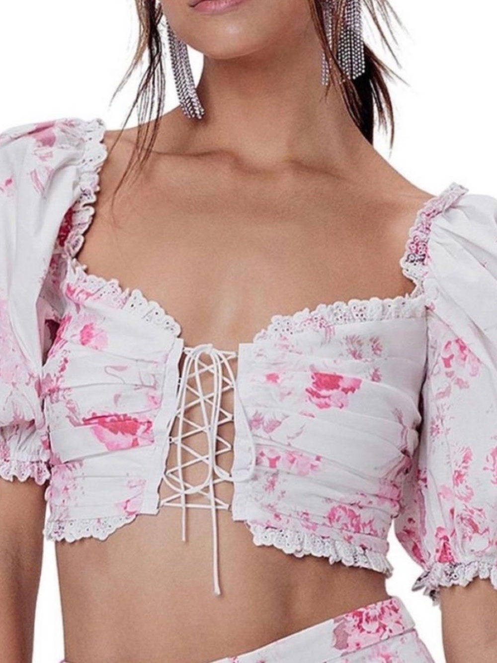 For Love & Lemons Mills Floral Lace-up Crop Top